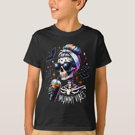 Mummy Vibes Skeleton Coffee Mom Soky Season Hallow T-shirt (Voorkant)