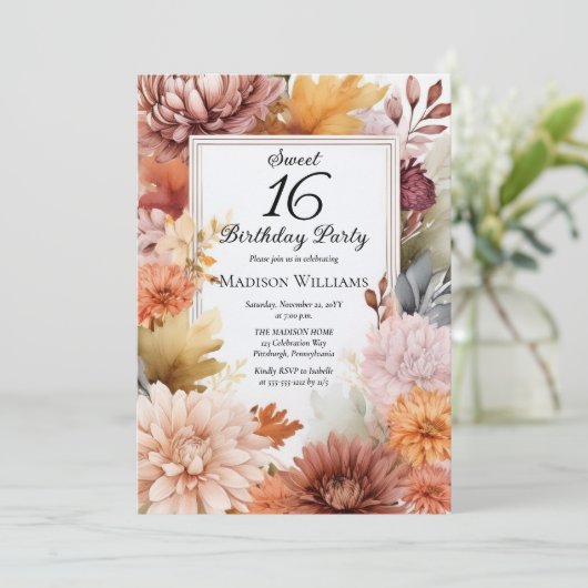 Mums | Peonies Floral Sweet 16 Birthday Party Kaart (Staand voorkant)
