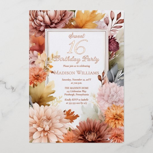 Mums | Peonies Floral Sweet 16 Verjaardagsfeest Folie Uitnodiging (Voorkant)