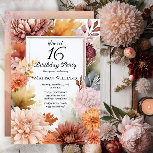 Mums   Pioenrozen Bloemrijke Sweet 16 Verjaardagsf Kaart