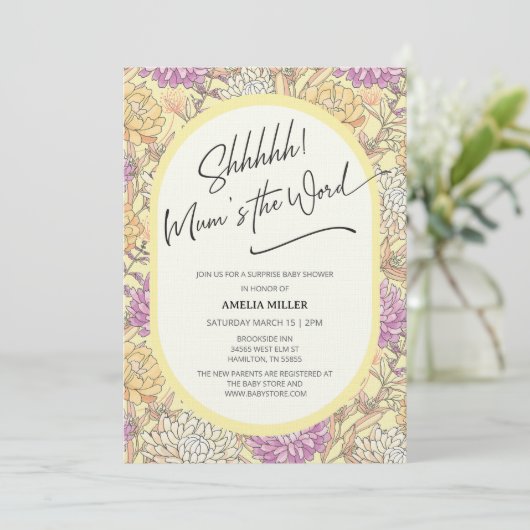 Mum's the Word Floral Surprise Baby Shower Kaart (Staand voorkant)