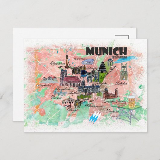München Bavaria geïllustreerde reiskaart Briefkaart (Voorkant / Achterkant)