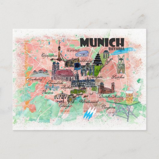 München Bavaria geïllustreerde reiskaart Briefkaart (Voorkant)