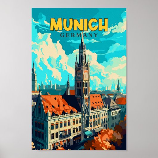München Duitsland Reizen Kunst Vintage Illustratie Poster (Voorkant)