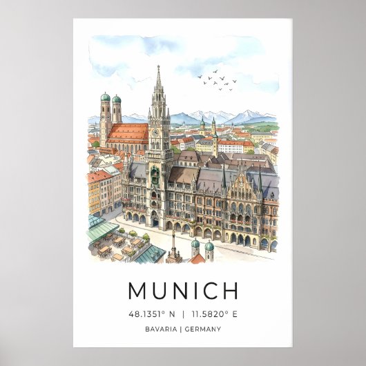 München Skyline Wandkunst - Handgeïllustreerd Poster (Voorkant)