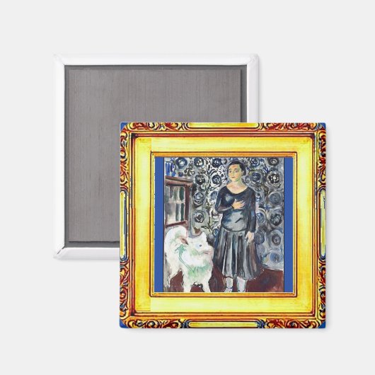 München, Vrouw en een Witte hond Magneet (Voorkant / Achterkant)