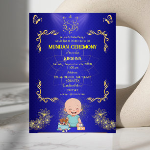 Mundan Ceremony Ganesha Logo Blue Gouden Vlinder Kaart