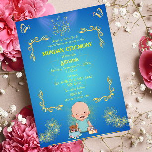 Mundan Ceremony Ganesha Logo Blue Gouden Vlinder Kaart