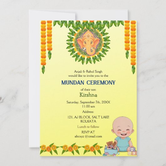 Mundan Ceremony Ganesha Logo Minimal Floral Kaart (Voorkant)