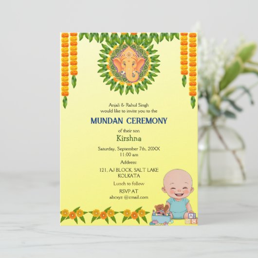 Mundan Ceremony Ganesha Logo Minimal Floral Kaart (Staand voorkant)