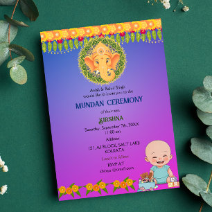 Mundan Ceremony Ganesha Logo Minimal Floral Kaart