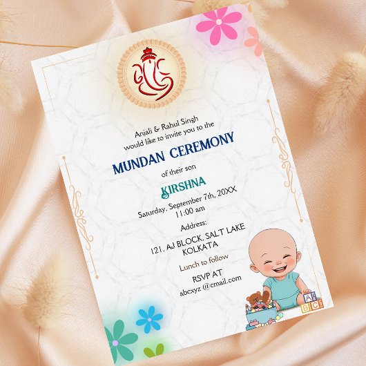 Mundan Ceremony Ganesha Logo Minimal Floral Kaart