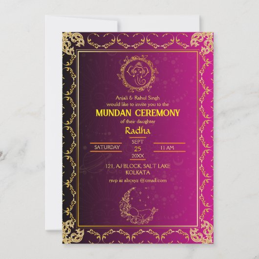 Mundan Ceremony Ganesha logo Royal Golden & Pink Kaart (Voorkant)