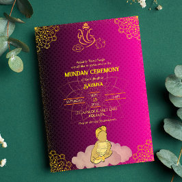 Mundan Ceremony Ganesha logo Royal Golden & Pink Kaart