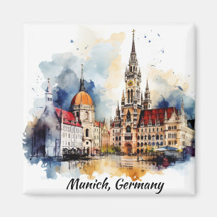 Munich Duitsland Panorama Uitzicht Aquarel Schilde Magneet