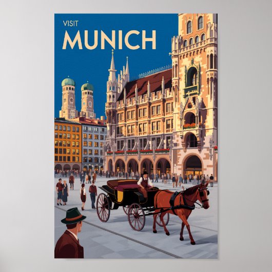 Munich Germany Marienplatz Travel Art Vintage Poster (Voorkant)