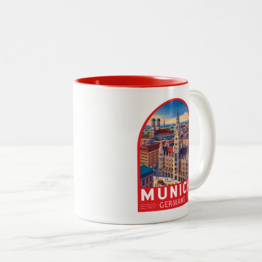 Munich Germany Travel Art Emblem Tweekleurige Koffiemok (Voorkant rechts)