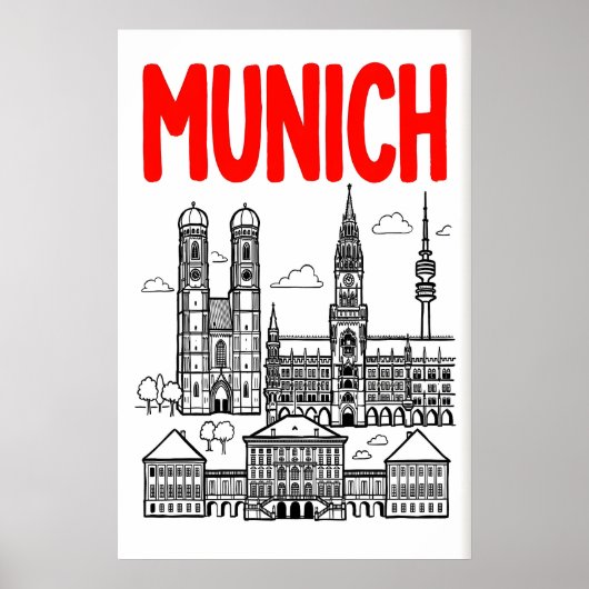Munich Skyline Poster, Rode Titel, Zwarte Omlijnin Poster (Voorkant)