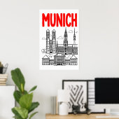 Munich Skyline Poster, Rode Titel, Zwarte Omlijnin Poster (Thuiskantoor)