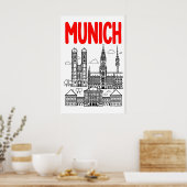 Munich Skyline Poster, Rode Titel, Zwarte Omlijnin Poster (Keuken)