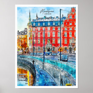 Munkbron Zweden vintage reis waterverf Poster
