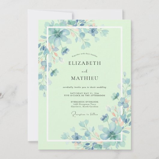 Munt Azuur Wilde Bloemen Bruiloft Kaart (Voorkant)