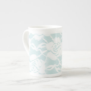 Munt Blauw Witte Kant Rozen Bloemig Porselein Kop