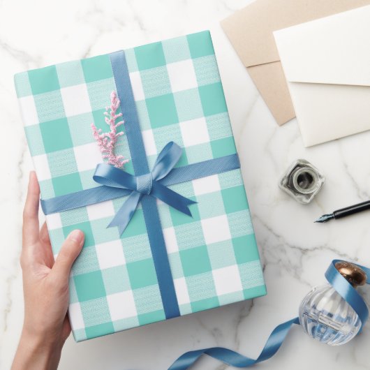 Munt Blauwe Verse Gingham Bries Geruite Patroon Cadeaupapier (Geschenken)