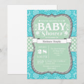 Munt Blauwgroen Grijze bloem Baby shower Uitnodige Kaart (Voorkant / Achterkant)