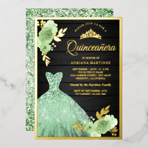 Munt Bloem Schitterende Jurk Hout Quinceanera Goud Folie Uitnodiging