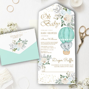 Munt Bloemige Heet Luchtballon Olifant Baby Shower All In One Uitnodiging