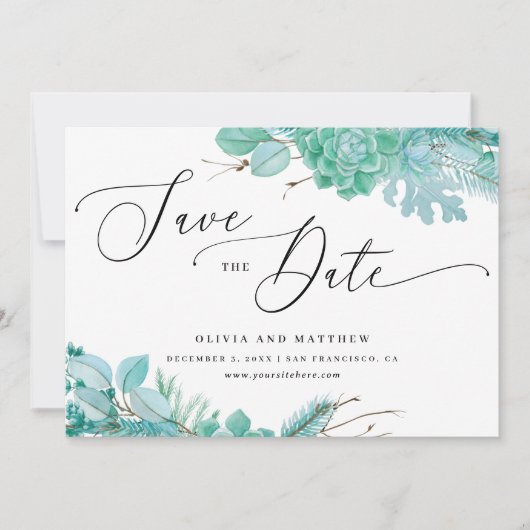 Munt bloemige succulenten. Winter cactus bruiloft Save The Date (Voorkant)