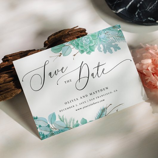 Munt bloemige succulenten. Winter cactus bruiloft Save The Date