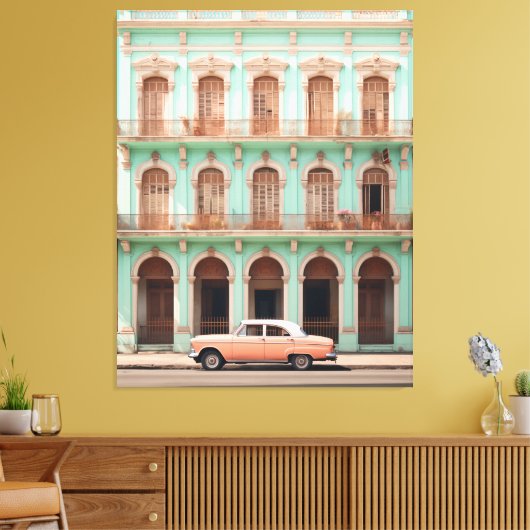 Munt Bouwen Perzik Auto Havana Cuba Canvas Afdruk (Insitu (Woonkamer))