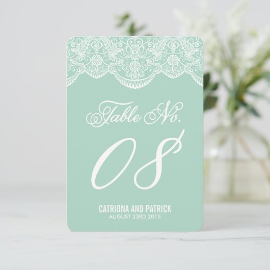 Munt Brokaat Kant Bruiloft Tafel Nummer Kaarten (Staand voorkant)