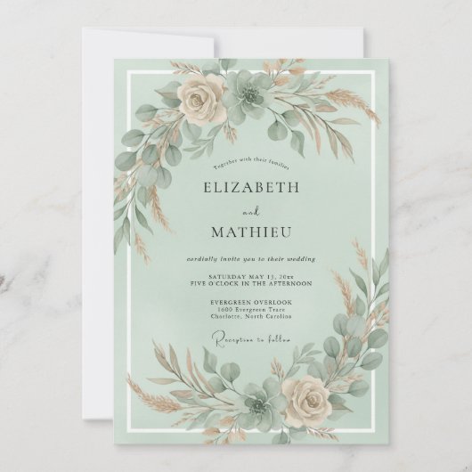 Munt Champagne Pampas Eucalyptus Bruiloft Kaart (Voorkant)