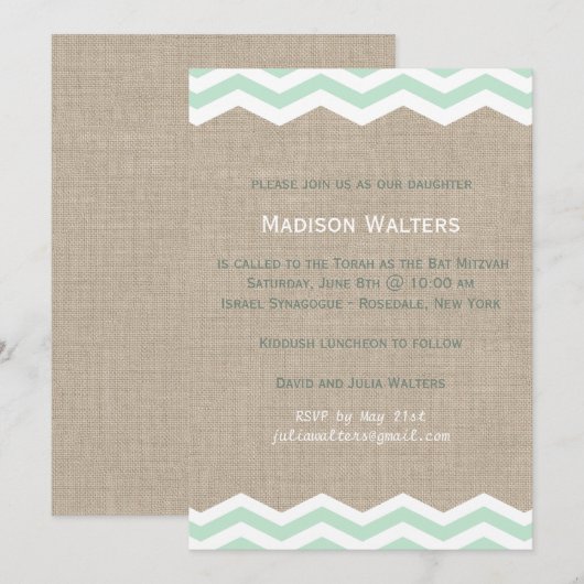 Munt Chevrons op Burlap Bat Mitzvah Uitnodiging (Voorkant / Achterkant)