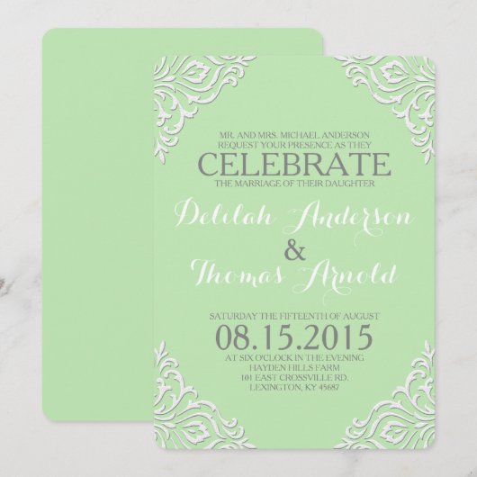 Munt Damast Filigraan Elegante Trouw Uitnodiging (Voorkant / Achterkant)