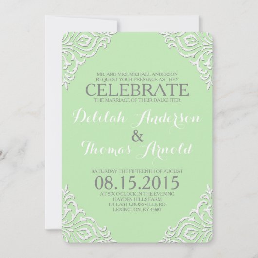 Munt Damast Filigraan Elegante Trouw Uitnodiging (Voorkant)