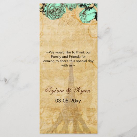 Munt  eiffeltoren Paris trouwmenkkaarten Menu (Achterkant)