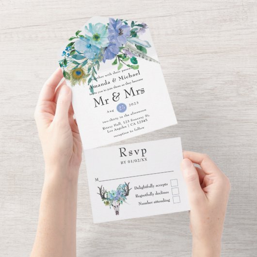 Munt- en blauw boho bloemen bruiloft all in one uitnodiging (Afscheurbaar)