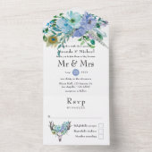 Munt- en blauw boho bloemen bruiloft all in one uitnodiging (Binnen)