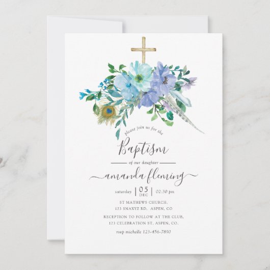 Munt- en blauwe aquarel boho bloemendoop kaart (Voorkant)