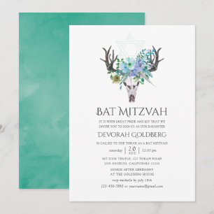 Munt- en blauwe aquarel boho bloemrijke Bat Mitzva Kaart