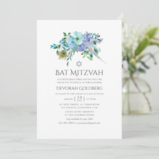 Munt en Blauwe Boho Bloemvleermuis Mitzvah Kaart (Staand voorkant)