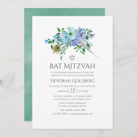 Munt en Blauwe Boho Bloemvleermuis Mitzvah Kaart (Voorkant / Achterkant)