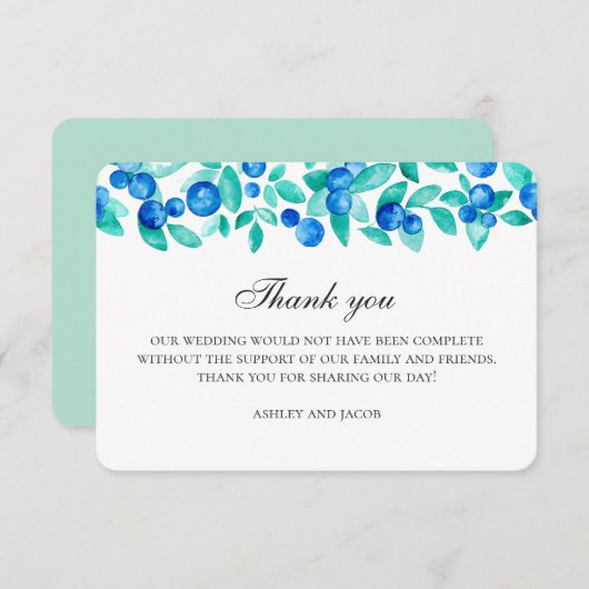 Munt en blauwe bosbruiloft. Bosbes winter Bedankkaart (Voorkant / Achterkant)