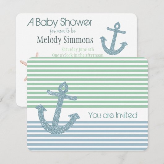 Munt en Blauwe Strepen Nautisch Baby shower Kaart (Voorkant / Achterkant)