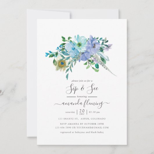 Munt en Blauwe Waterverf Boho Floral Sip en See Kaart (Voorkant)