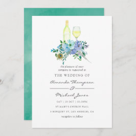 Munt en Blauwe Waterverf Floral Wedding Uitnodigin Kaart